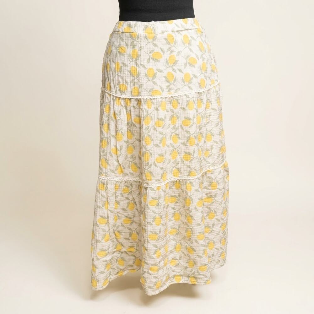 Kirious Los Angeles Lemon Print Tiered Lace Maxi Skirt Medium